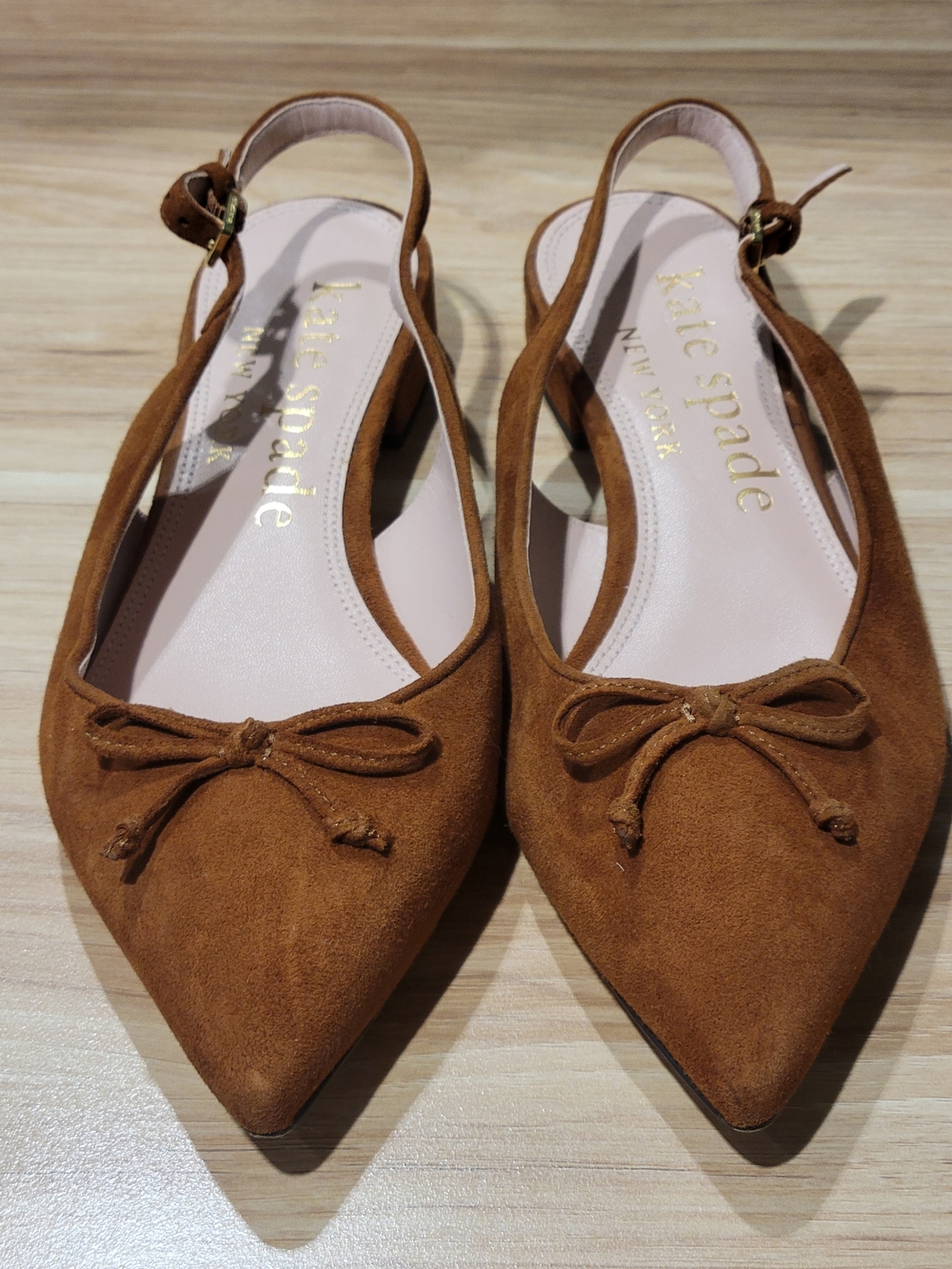 kate spade Tan Suede Pointed-Toe Slingback Flats with Bow